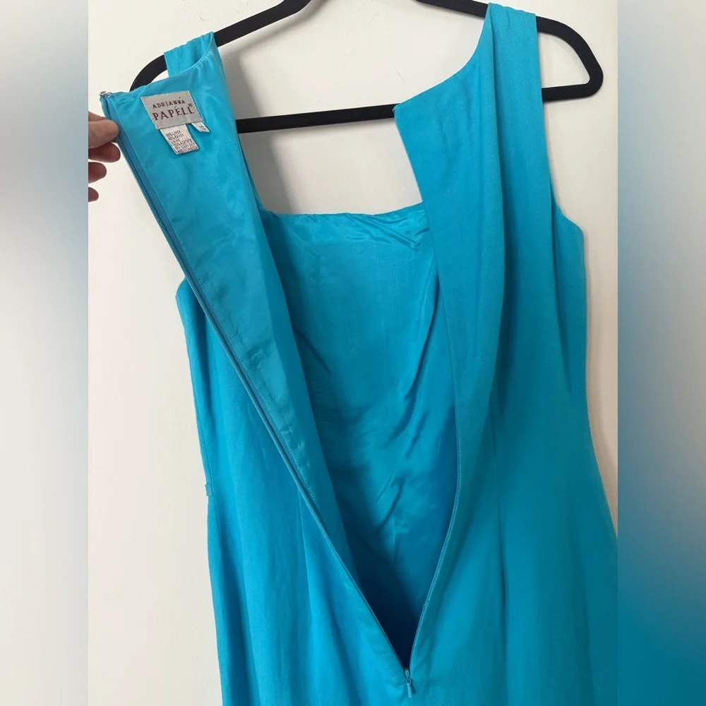 Vintage 80s 90s Adriana Papell Turquoise Fitted Linen Side Tie Gorgeous Dress - Picture 14 of 15